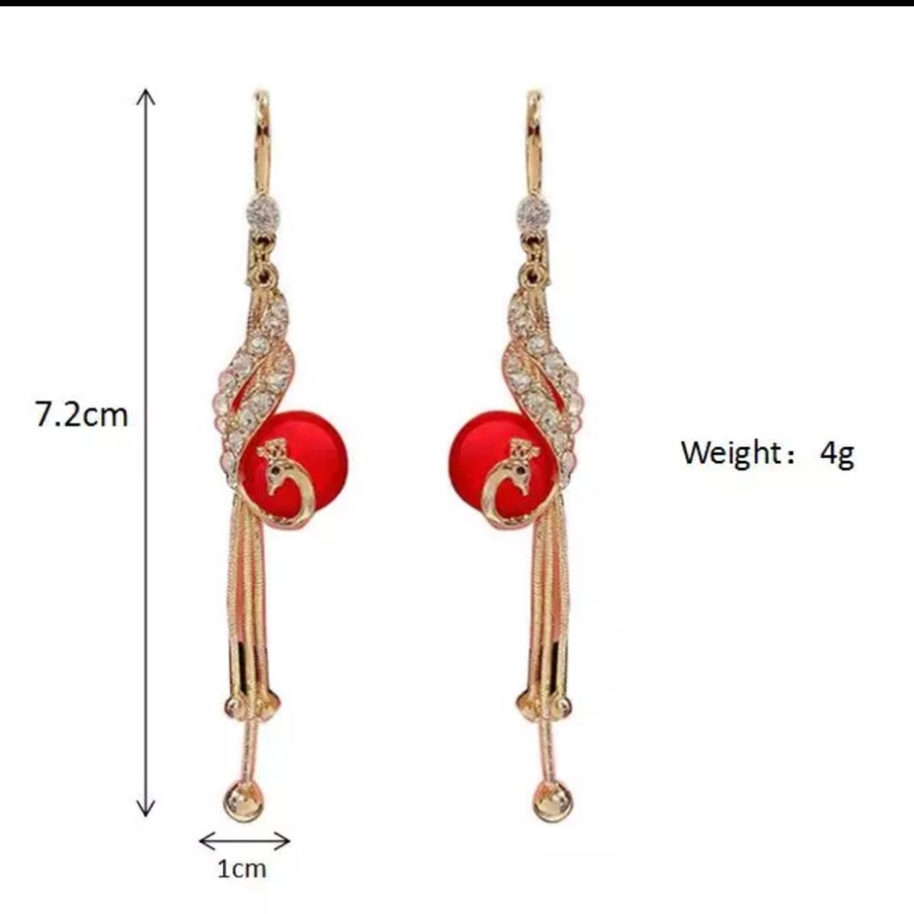 🎀Stunning Red Pearl Peacock Tassel Earring - Picture 2 of 5
